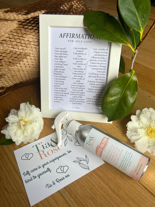 Duo Gift Tia & Rose face,body,hair oil & Self Love Affirmation frame A5
